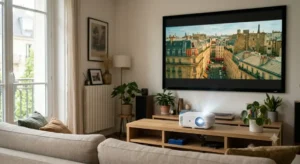 Vidéoprojecteur Full HD compact et pas cher projetant un film sur grand écran dans un salon.