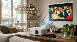 Schéma d'installation simple et rapide d'un vidéoprojecteur économique à moins de 500 euros posé sur une table.