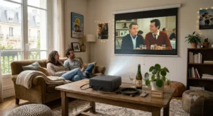 Aménagement d'un espace home cinéma chaleureux avec un vidéoprojecteur pas cher sous la barre des 500 euros.
