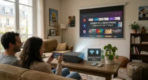 Vidéoprojecteur LED abordable doté des connectivités Wifi et Bluetooth relié sans fil à un smartphone.