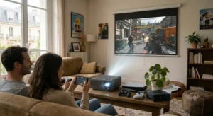 Session de jeu vidéo immersive projetée sur grand mur grâce à un vidéoprojecteur gamer pas cher.