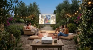 Videoproiettore home cinema utilizzato in giardino per una serata cinema all'aperto in estate