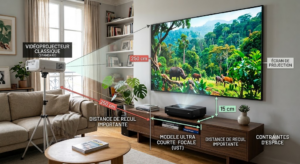 Schéma comparatif de la distance de recul entre un vidéoprojecteur classique et un modèle ultra courte focale.