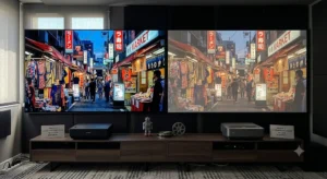 Comparaison entre la qualité d'image d'un vidéoprojecteur 4K laser et un modèle à lampe LED. 