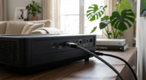Vue détaillée des connectiques HDMI et eARC au dos d'un vidéoprojecteur ultra courte focale. 

