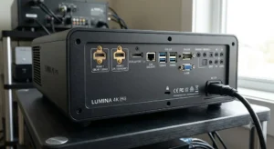 Vue arrière montrant les ports HDMI 2.1 et la connectique complète d'un vidéoprojecteur 4K haut de gamme. 