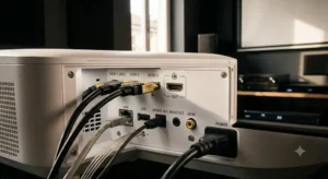Pannello posteriore di un videoproiettore home cinema che mostra le porte HDMI e le connessioni audio