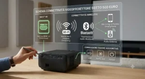 Schema delle connessioni HDMI Wi-Fi e Bluetooth integrate in un videoproiettore sotto 500 euro