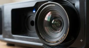 Dettaglio della lente di un videoproiettore home cinema 4K UHD per massima risoluzione