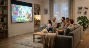 Famiglia italiana che guarda un film sul divano con un videoproiettore home cinema di alta qualità