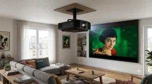 Vidéoprojecteur home cinéma suspendu au plafond d'une salle de séjour