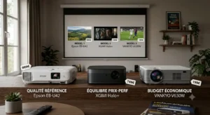Vidéoprojecteur home cinéma économique fixé au plafond avec un support blanc réglable.