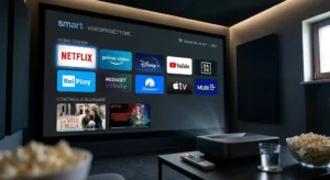 Menu delle applicazioni streaming su uno smart videoproiettore home cinema connesso al Wi-Fi