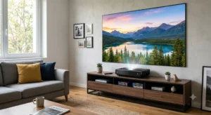 Vidéoprojecteur 4K à focale ultra courte posé sur un meuble TV face à un écran de projection. 