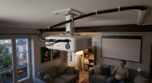 Mini vidéoprojecteur portable pas cher projetant une série sur le mur d'une chambre.