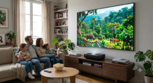 Famille regardant un film sur très grand écran grâce à un vidéoprojecteur ultra courte focale. 

