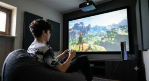 Ragazzo che gioca ai videogiochi con console collegata al videoproiettore home cinema su schermo gigante 

