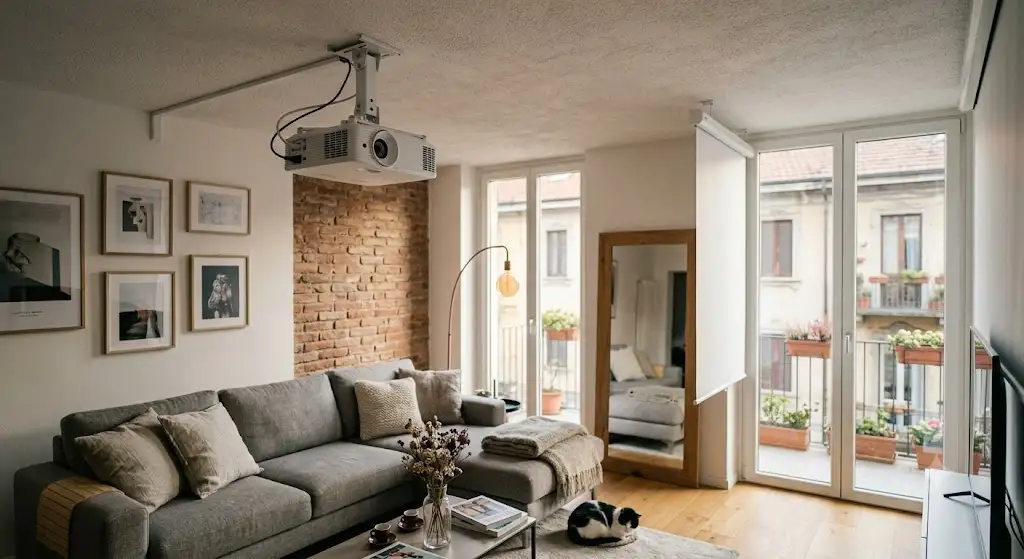 Videoproiettore home cinema installato a soffitto in un moderno salotto italiano