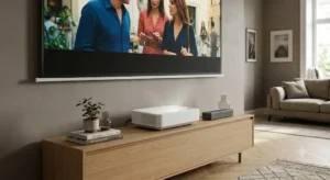 Videoproiettore a ottica corta posizionato su un mobile TV per un sistema home cinema compatto