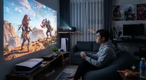 Session de jeu vidéo immersive sur console PS5 avec un vidéoprojecteur 4K gaming à faible temps de réponse.