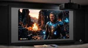 Détail de la qualité d'image enrichie en HDR10+ affichée par un vidéoprojecteur 4K grand public. 
