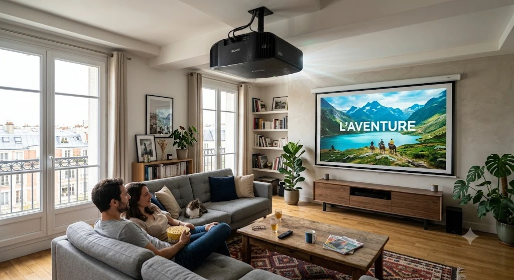 Vidéoprojecteur 4K ultra HD installé dans un salon moderne et lumineux pour une expérience cinéma à la maison.