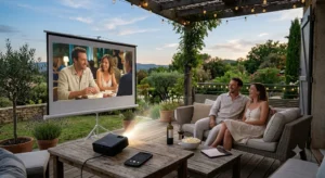 Compact et léger, ce vidéoprojecteur 4K portable projette un film en plein air sur la terrasse. 