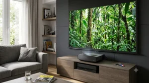 Vidéoprojecteur à focale courte posé sur un meuble TV face à son écran de projection