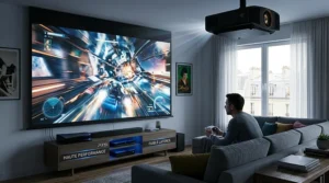 Session de jeu vidéo sur grand écran avec un vidéoprojecteur home cinéma à faible latence