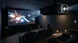 Projection d'un film avec un vidéoprojecteur laser dans une salle home cinéma dédiée