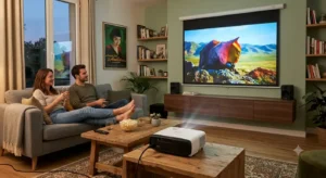 Vue arrière des connecteurs HDMI et USB d'un vidéoprojecteur LED économique.