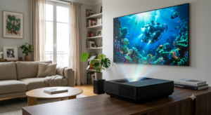 Vidéoprojecteur ultra courte focale 4K laser projetant un film haute définition en qualité home cinéma.
