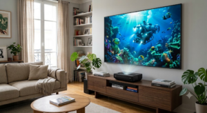 Image claire et nette projetée par un vidéoprojecteur ultra courte focale dans un séjour très lumineux. 

