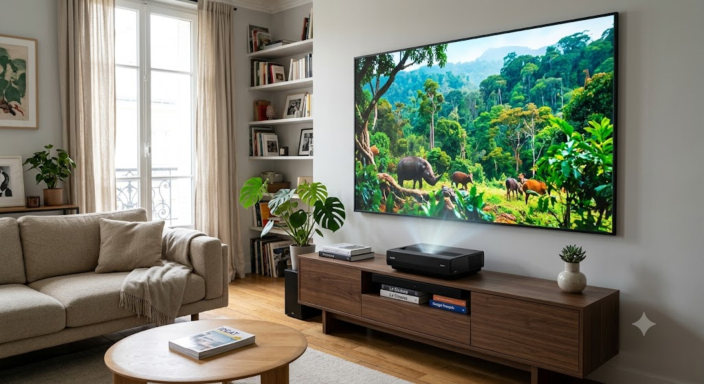 Vidéoprojecteur ultra courte focale posé sur un meuble dans un salon moderne avec grand écran lumineux.