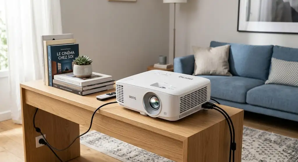 Avis vidéoprojecteur benq avis posé sur un meuble dans un salon moderne