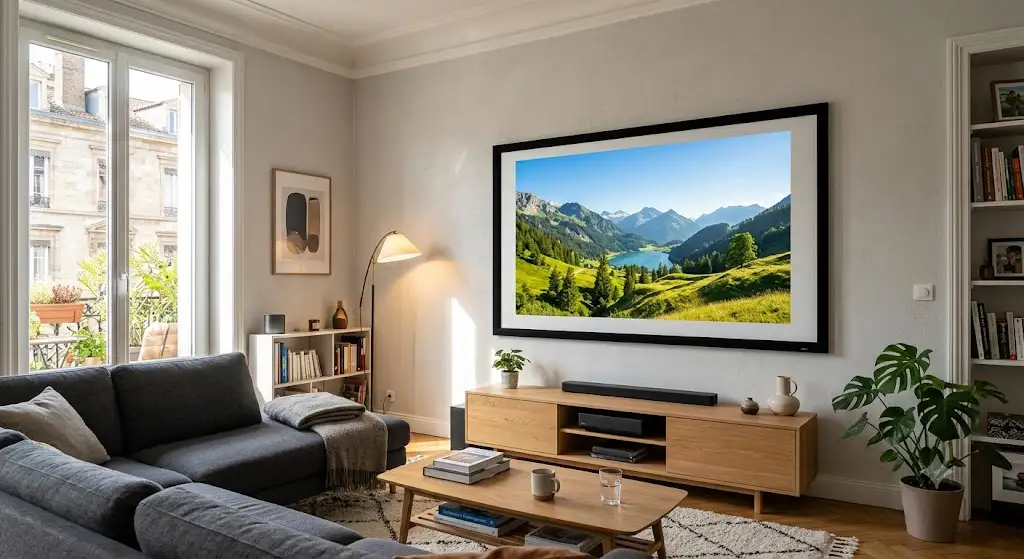 Écran de projection cadre fixe installé sur un mur blanc dans un salon moderne