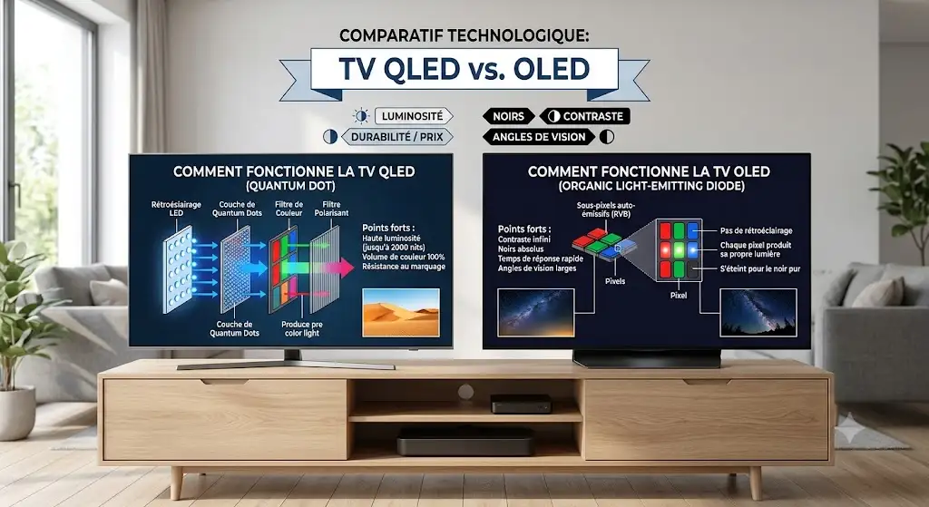 Schéma comparatif illustrant la différence de technologie entre OLED et tv qled avis pour se faire un avis.