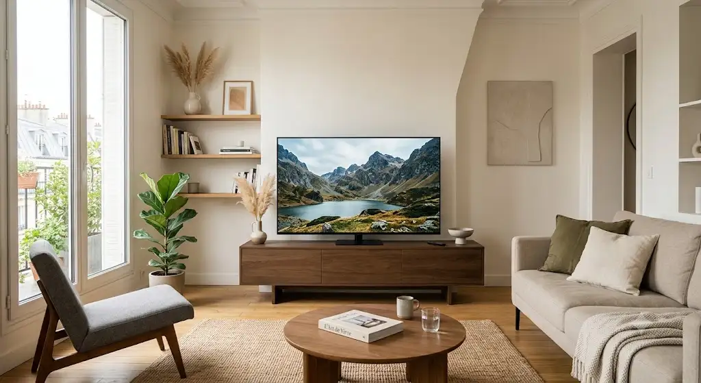 Téléviseur TV 65 pouces installé dans un salon moderne au style épuré.