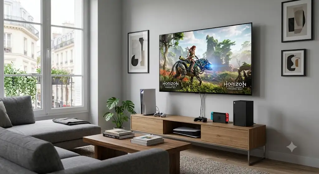 Illustration d'une TV gaming 4K installée dans un salon moderne avec console de jeux.