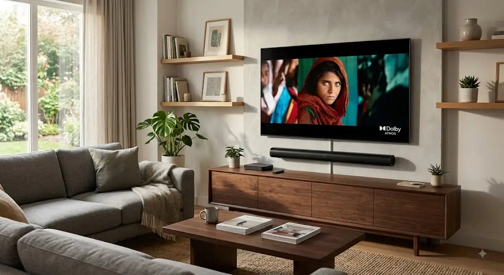 Barre de son Dolby Atmos installée sous une télévision dans un salon moderne