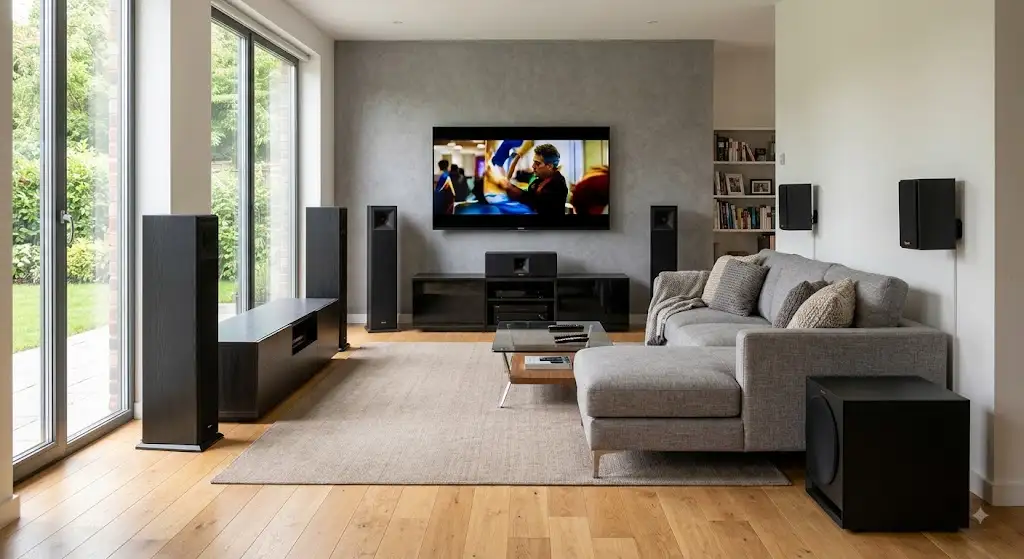 Ensemble complet d'un pack enceintes 5.1 installé dans un salon moderne avec TV.