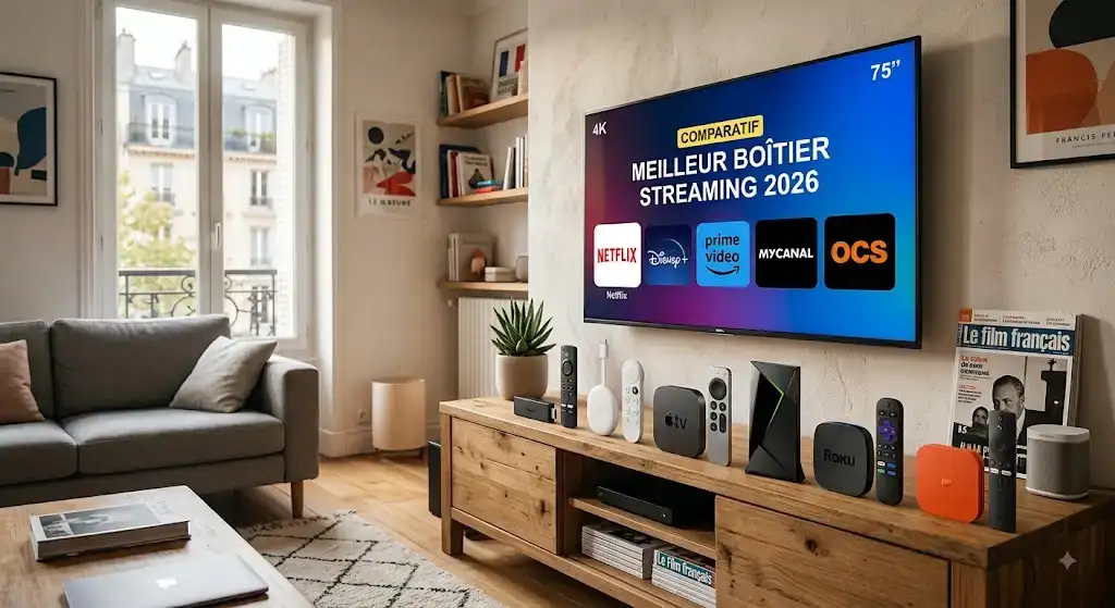 Comparatif visuel des meilleur boîtier streaming 2026 disposés à côté d'un téléviseur 4K de salon