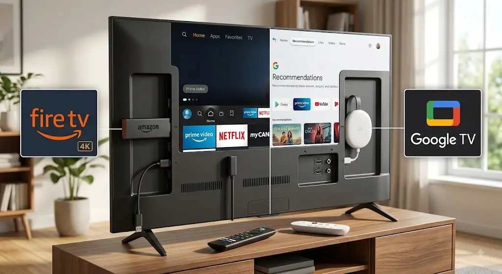 Comparatif visuel entre la clé de streaming Amazon fire tv stick vs chromecast avec Google TV branchées sur un téléviseur.