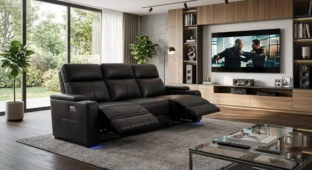 Canapé home cinéma 3 places en cuir noir avec assises inclinables électriques dans un salon moderne.