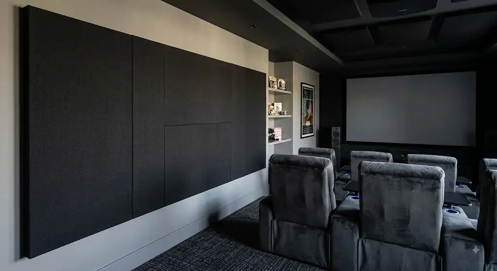 Panneau acoustique mural absorbant en tissu noir installé dans une salle de cinéma privée. panneau acoustique salle cinéma
