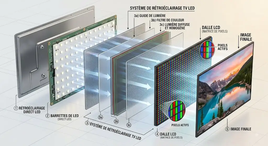 Schéma explicatif du système de rétroéclairage TV LED et de la diffusion de la lumière à travers la dalle