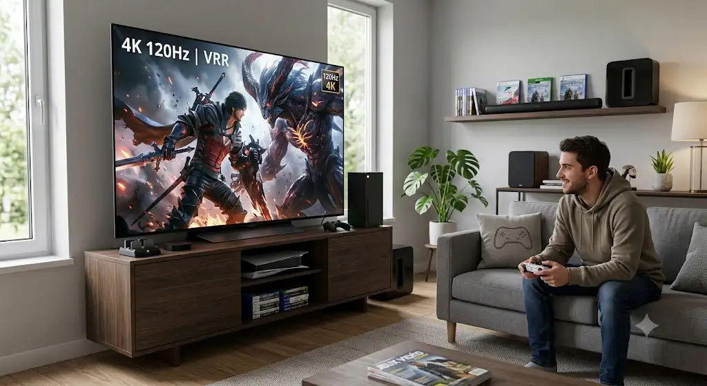 Installation d'une TV gaming 120Hz 4K dans un salon avec console de jeux vidéo moderne pour un gameplay fluide.