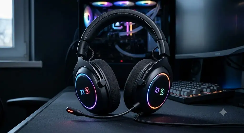 casque gaming son surround 7.1 immersif et rétroéclairage RGB sur fond sombre