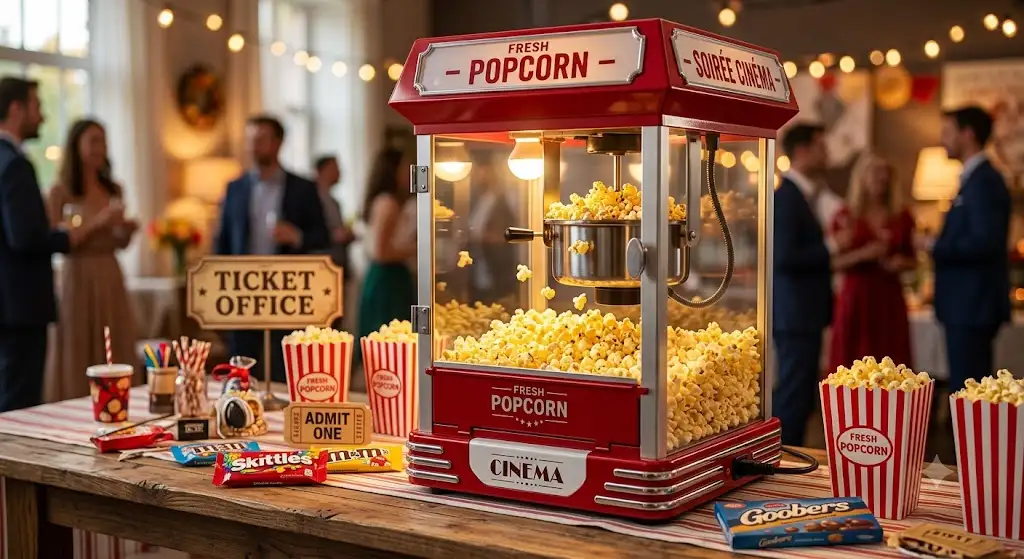 Machine à pop-corn vintage rouge style cinéma américain posée sur une table de fête.