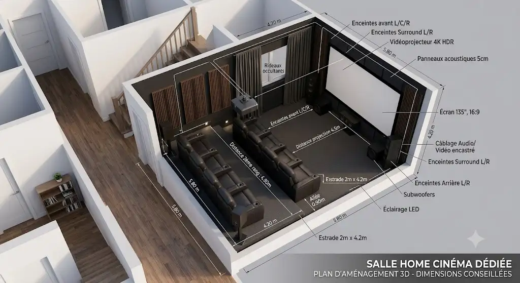 Plan d'aménagement 3D et dimensions recommandées pour comment installer une salle home cinéma chez soi